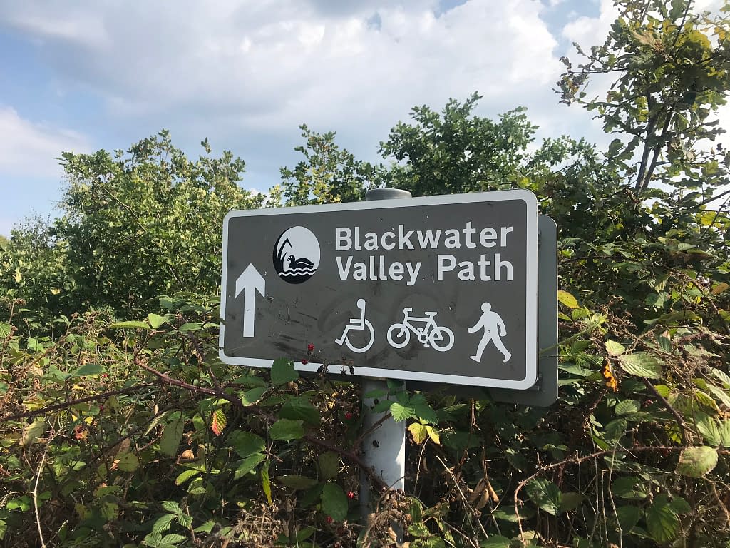 Brambles with a brown sign showing an arrow pointing towards the Blackwater Valley Path 